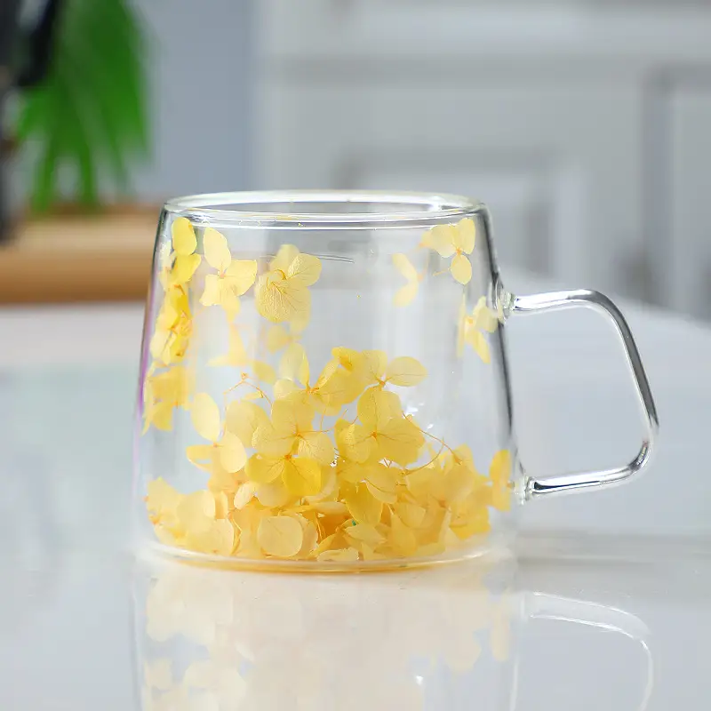 Good-looking Borosilicate Simple Real Flower Double Layer Glass Cup