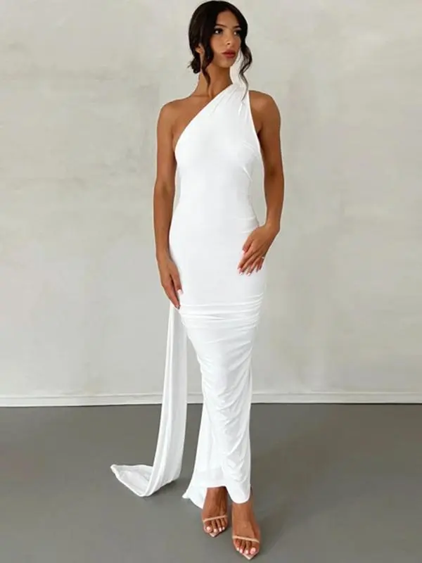 Women's Fashion Plain Sling Collar Tight Dress White - Shop at LoveMi