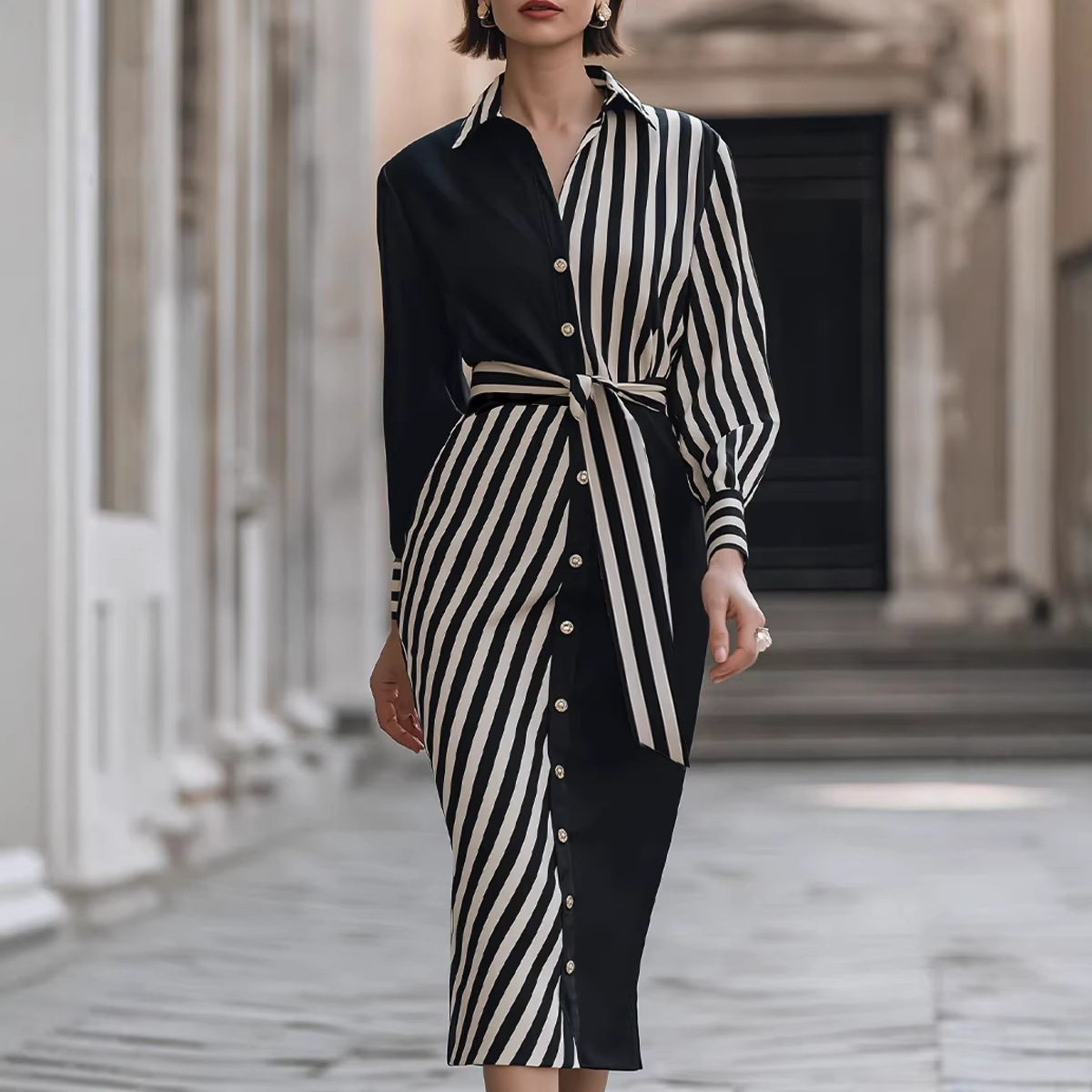 Lapel Shirt Commuter-style Striped Print Waist-cinching Dress