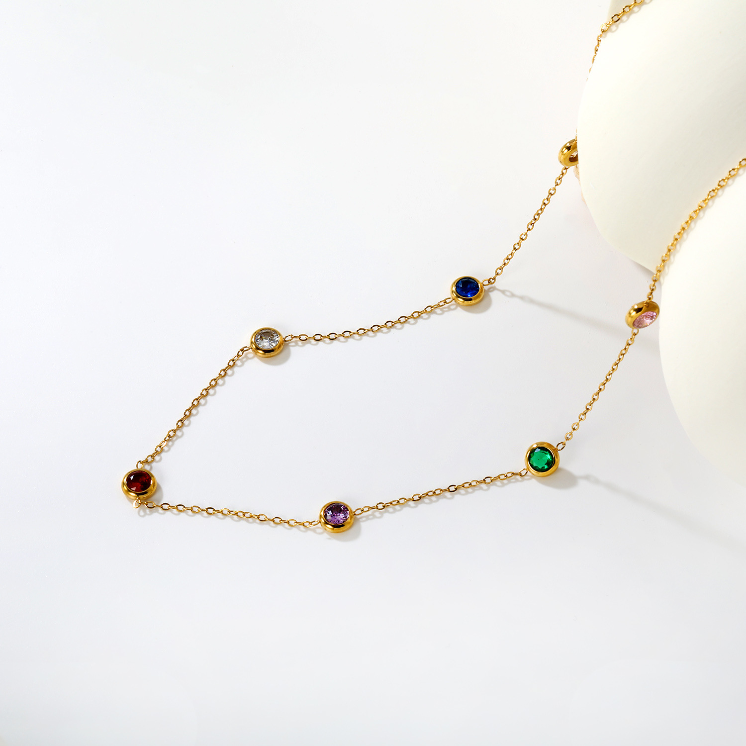 Fashionable And Minimalist Mixed-color Round-diamond Pendant Stainless Steel Necklace