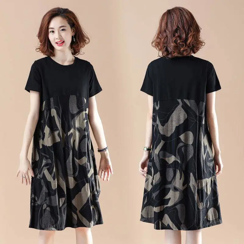 Plus Size Women's Clothing Loose Belly-covering Fat Sister Stitching Mid-length Dress