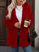 Hooded Solid-Color Cardigan With Buttons, Long-Sleeve Casual Jacket view 8
