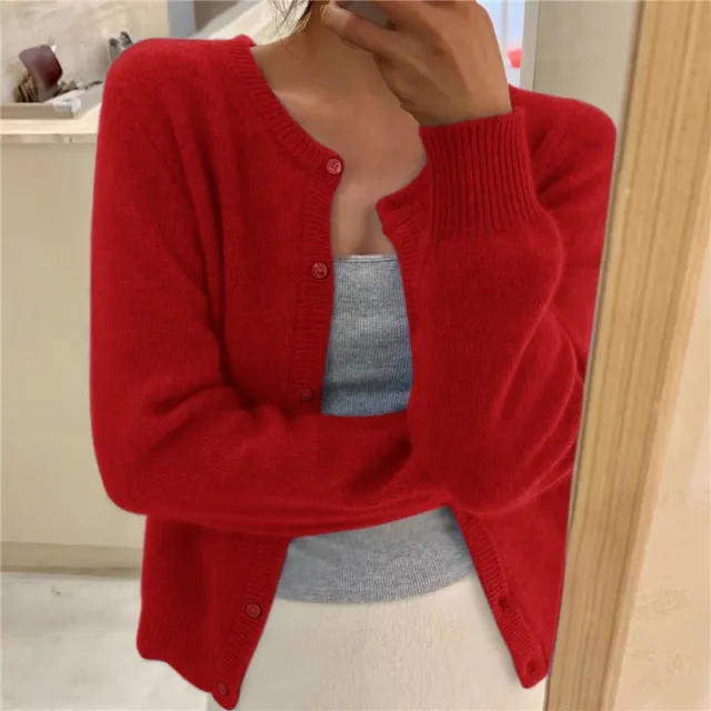 Women's Round Neck Solid Color Knitted Cardigan Red - Shop at LoveMi