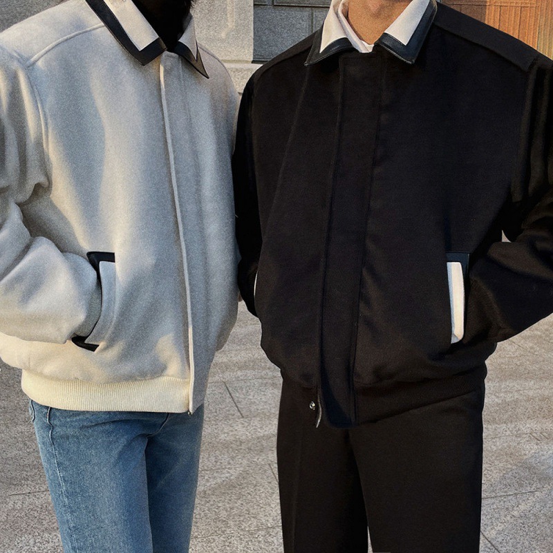 Contrast Color Lapels Woolen Coat Male