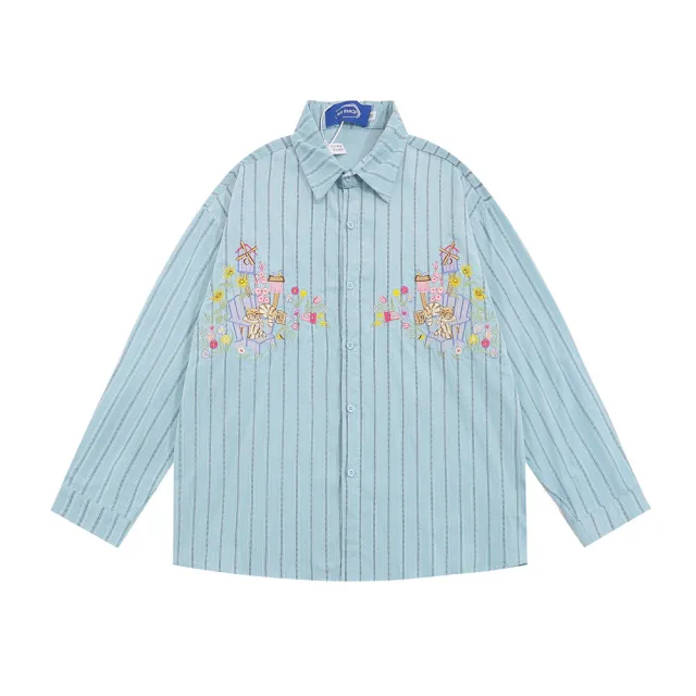 Cartoon Embroidered Vertical Stripes Long Sleeve American Street Fashion Casual Loose Lapels Shirt Red - Shop at LoveMi