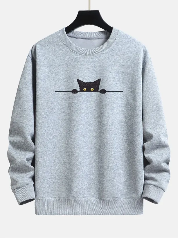 Creative Cat Print Cute Cat Round Neck Sweater Melange Gray Pure Cotton A11 - Shop at LoveMi