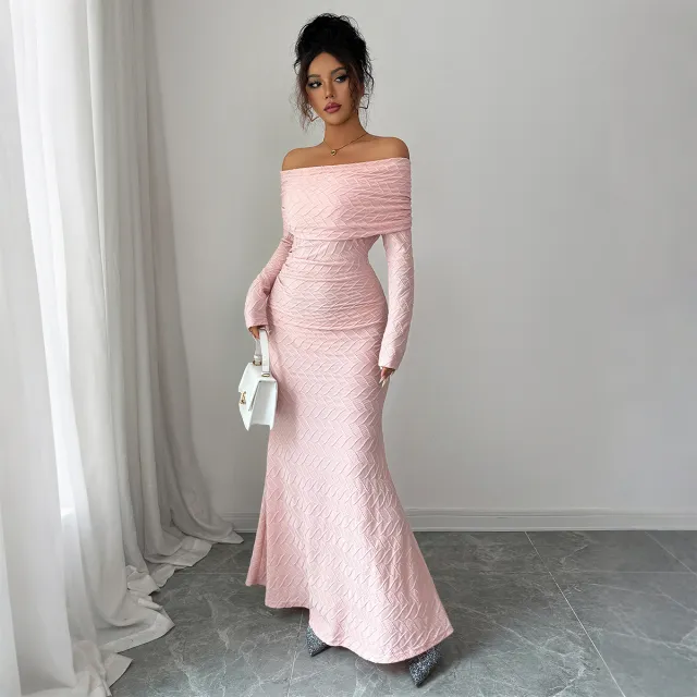 Elegant Simple Off shoulder Long Sleeve Dress Women's Clothing Pink - Shop at LoveMi
