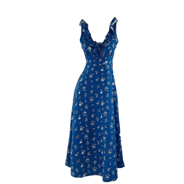 Klein Blue White Romantic Floral Tie neck Dress Island Blue - Shop at LoveMi