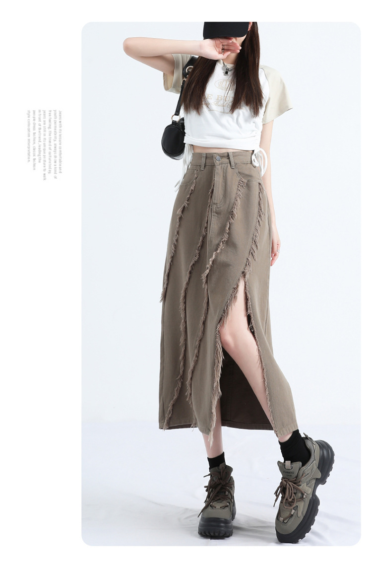 Street-Style Khaki High-Waisted Denim Skirt, Raw Hem & Slit