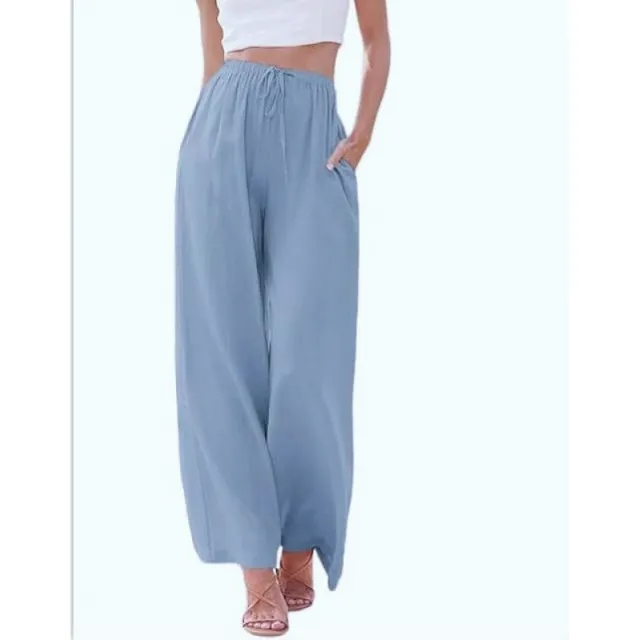 Loose Casual Pocket Drawstring Wide leg Pants For Women Light Blue - Shop at LoveMi