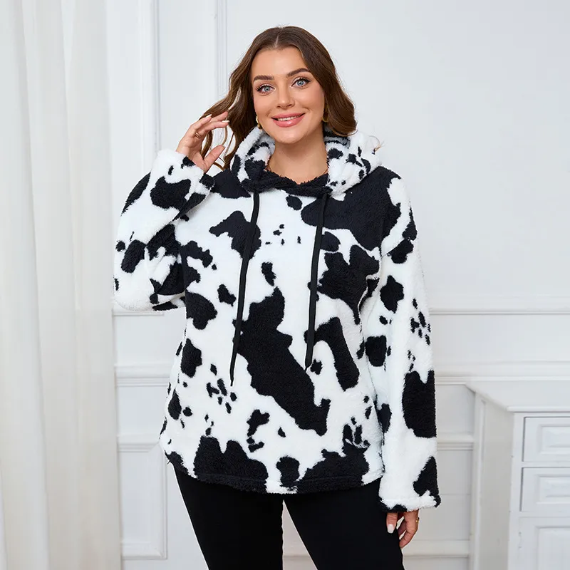 Women's Plus Size Hoodie Pullover - Cow Black And White