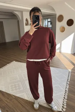 New Women's Solid Colour Hooded Sweatshirt Two Pieces - Wine - View 1