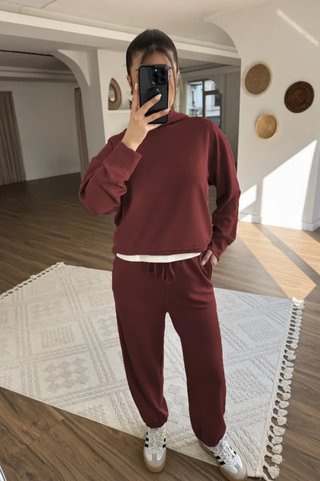 New Women's Solid Color Hooded Sweatshirt Two Pieces Wine - Shop at LoveMi