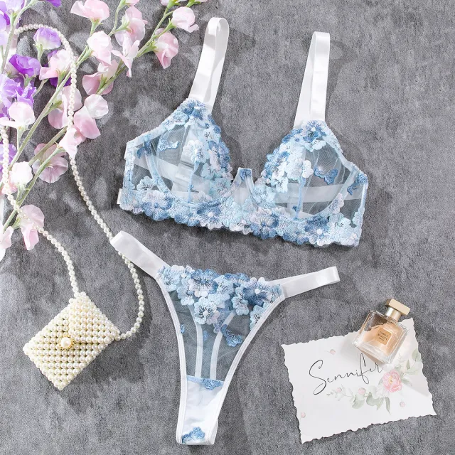 Blue Embroidered Bra Low cut Sexy Lingerie With Steel Ring Red - Shop at LoveMi