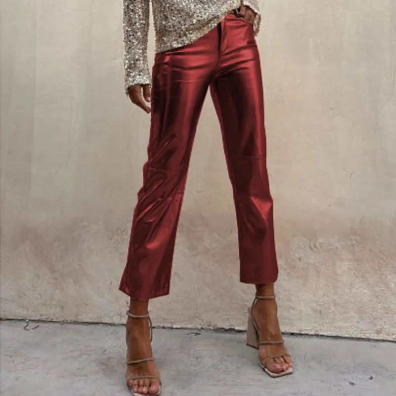 Slim-fit Slimming Nightclub Bright Casual Cropped Pants - Wine