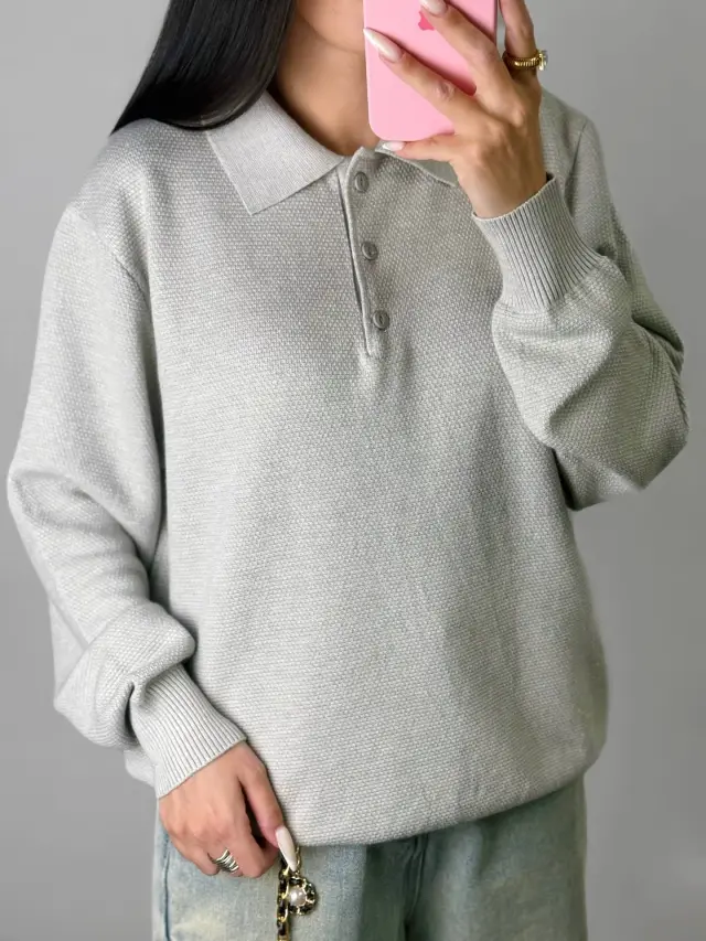 Vintage Casual All matching Polo Lapel Knitted Sweater Gray - Shop at LoveMi