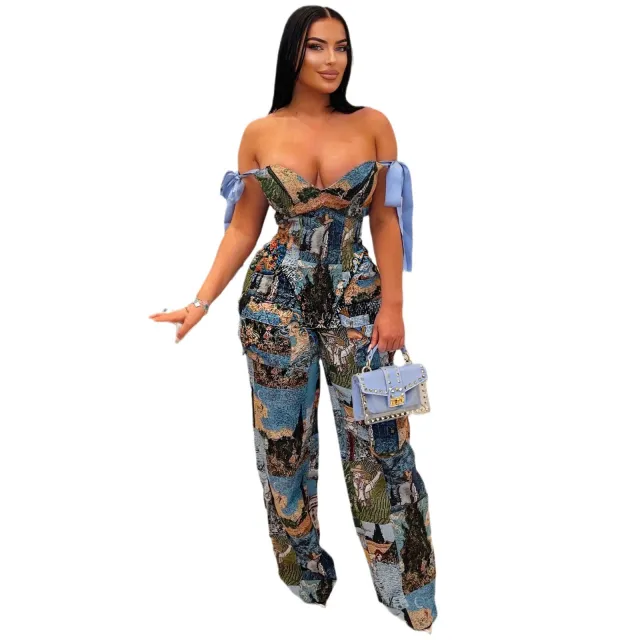 Women's Printed Oil Painting Pattern Strap Drawstring Multi pocket Pants Suit Oil Painting Color - Shop at LoveMi