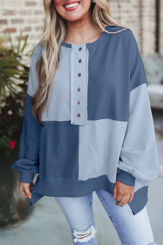 Women's Stitching Buckle Long Lapel Sweater Blue - Shop at LoveMi