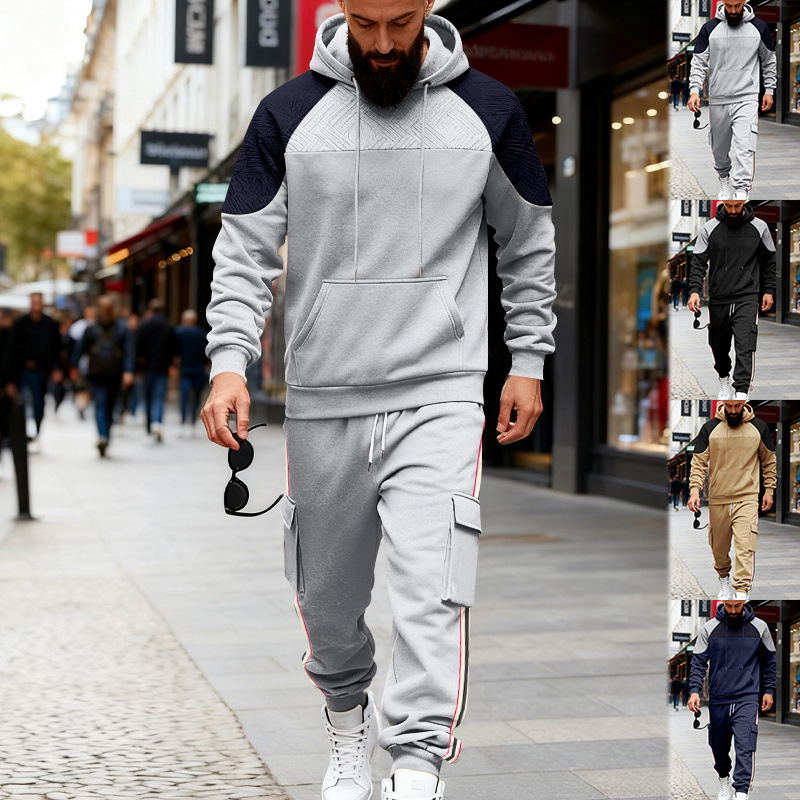 Loose Color-block Textured Hoodie And Sweatpants Casual Set - Image 1