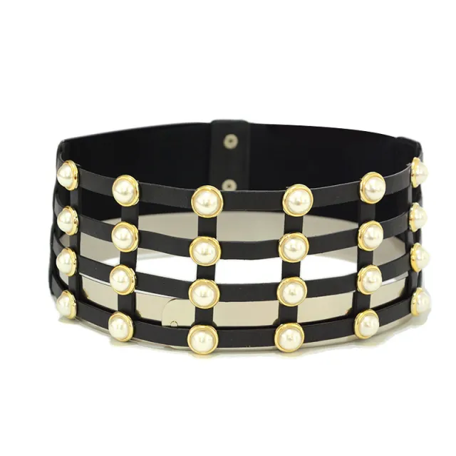 Korean Style Casual Women's Corset Hollow Pearl Inlaid Women's Single Circle Decorative Belt Black - Shop at LoveMi