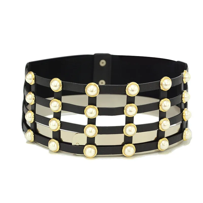 Korean Style Casual Women's Corset Hollow Pearl Inlaid Women's Single Circle Decorative Belt - Black