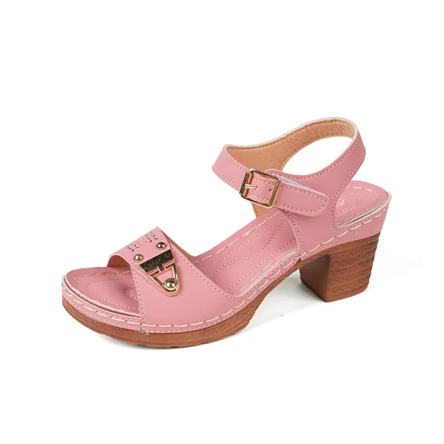 Face Buckle Chunky Heel High Heel Sandals Female Pink - Shop at LoveMi