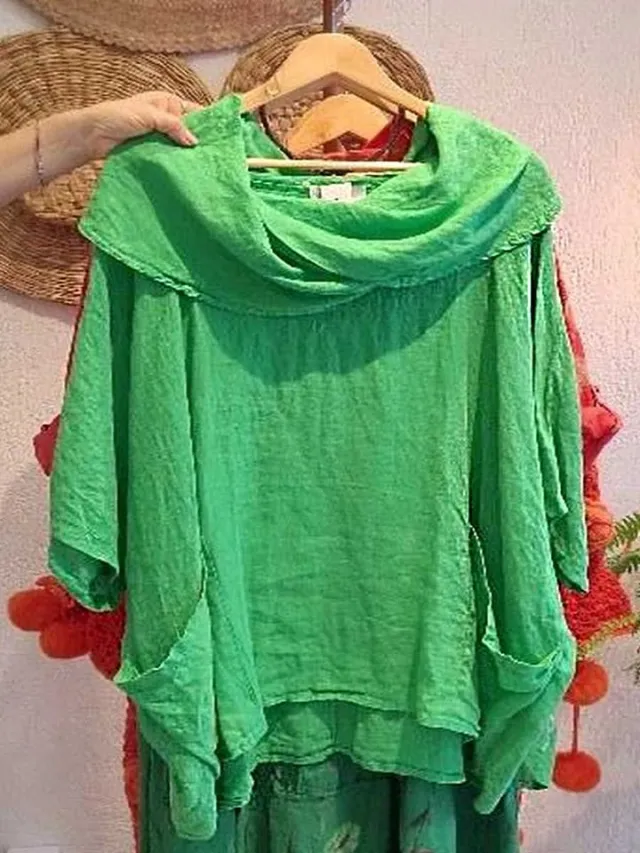 Women's Draped Neckline Three quarter Sleeve Linen Pocket Top Green - Shop at LoveMi