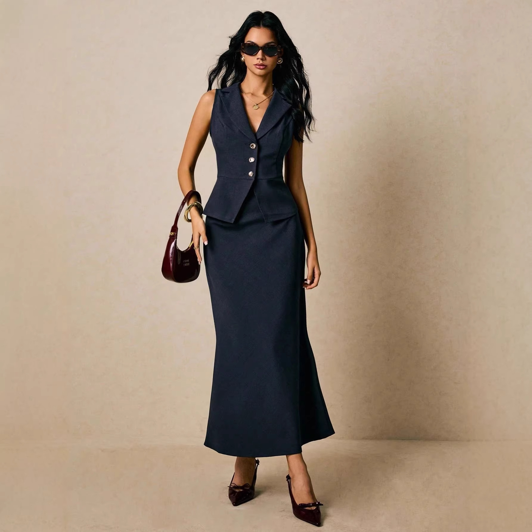 Womens Solid-Color V-Neck Vest And Buttoned Skirt Set