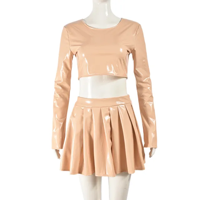 Long Sleeve Round Neck Sexy Pleated Skirt Two piece Set Skin Color - Shop at LoveMi