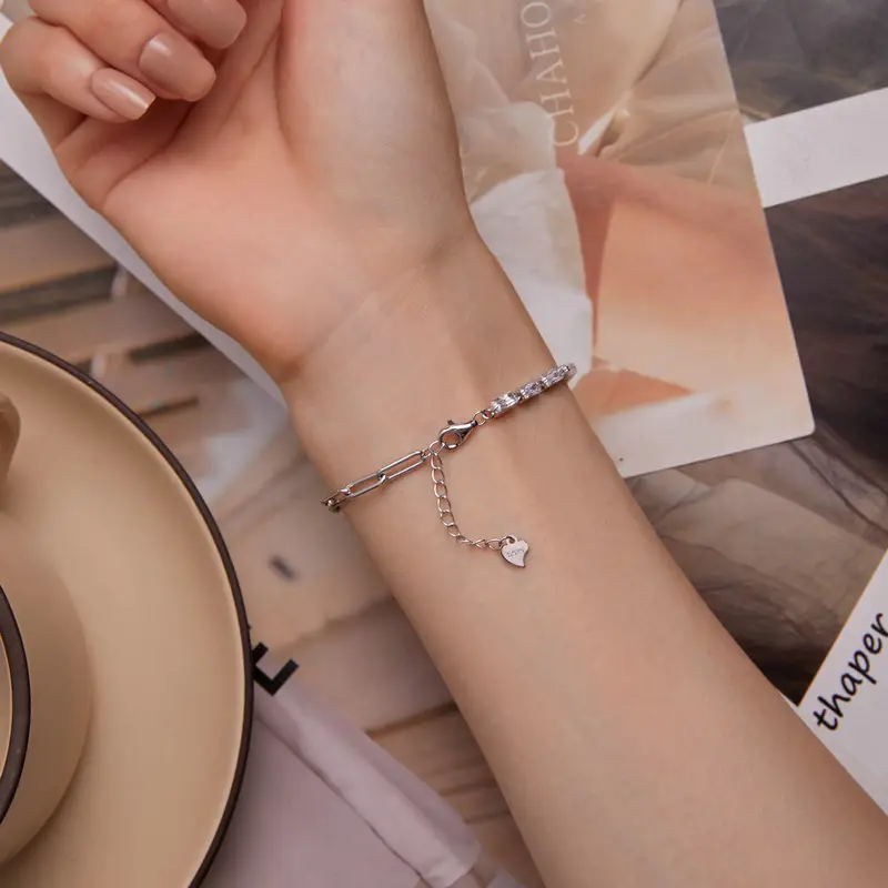 Simple Sterling Silver S925 Chain Zircon Round Ring Bracelet