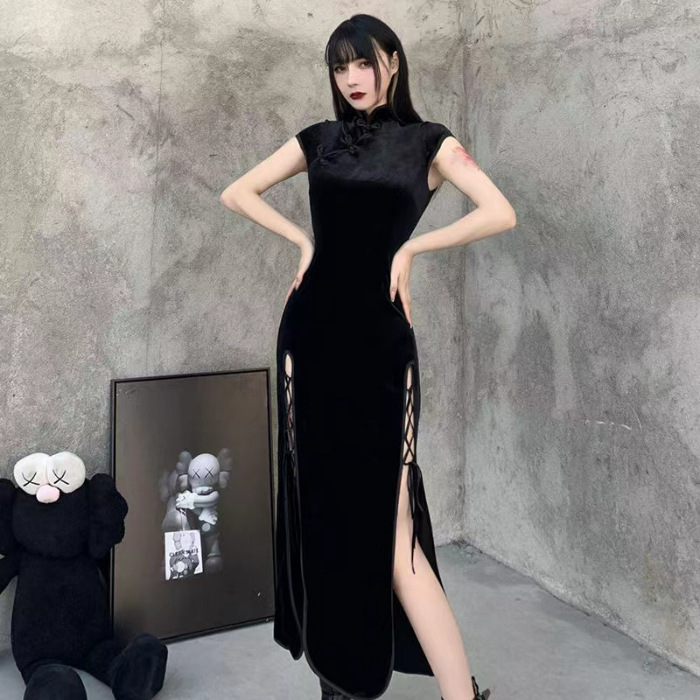 Vintage Chinese style Velvet Cheongsam modified Dress Black - Shop at LoveMi