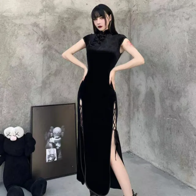 Vintage Chinese style Velvet Cheongsam modified Dress Black - Shop at LoveMi