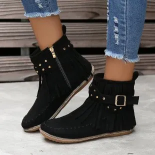 Women's Double layer Tassel Flat Bottom Fleece lined Boots Black - Shop at LoveMi