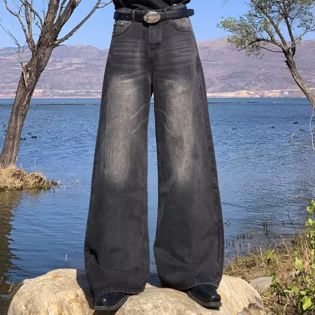 Wide Leg Pants Retro Washed Straight All matching Wide Leg Mop Trousers Black - Shop at LoveMi