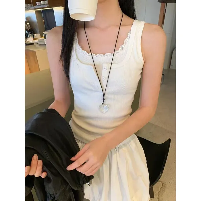 Womens Lace-trimmed Mock Two-Piece I-Back Tank Top - White
