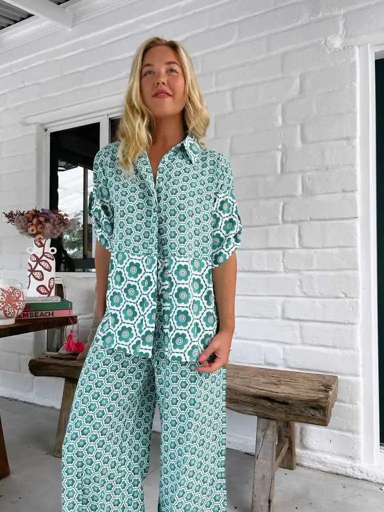 Printed Casual Fashion Shirt Wide Leg Pants Suit - Green