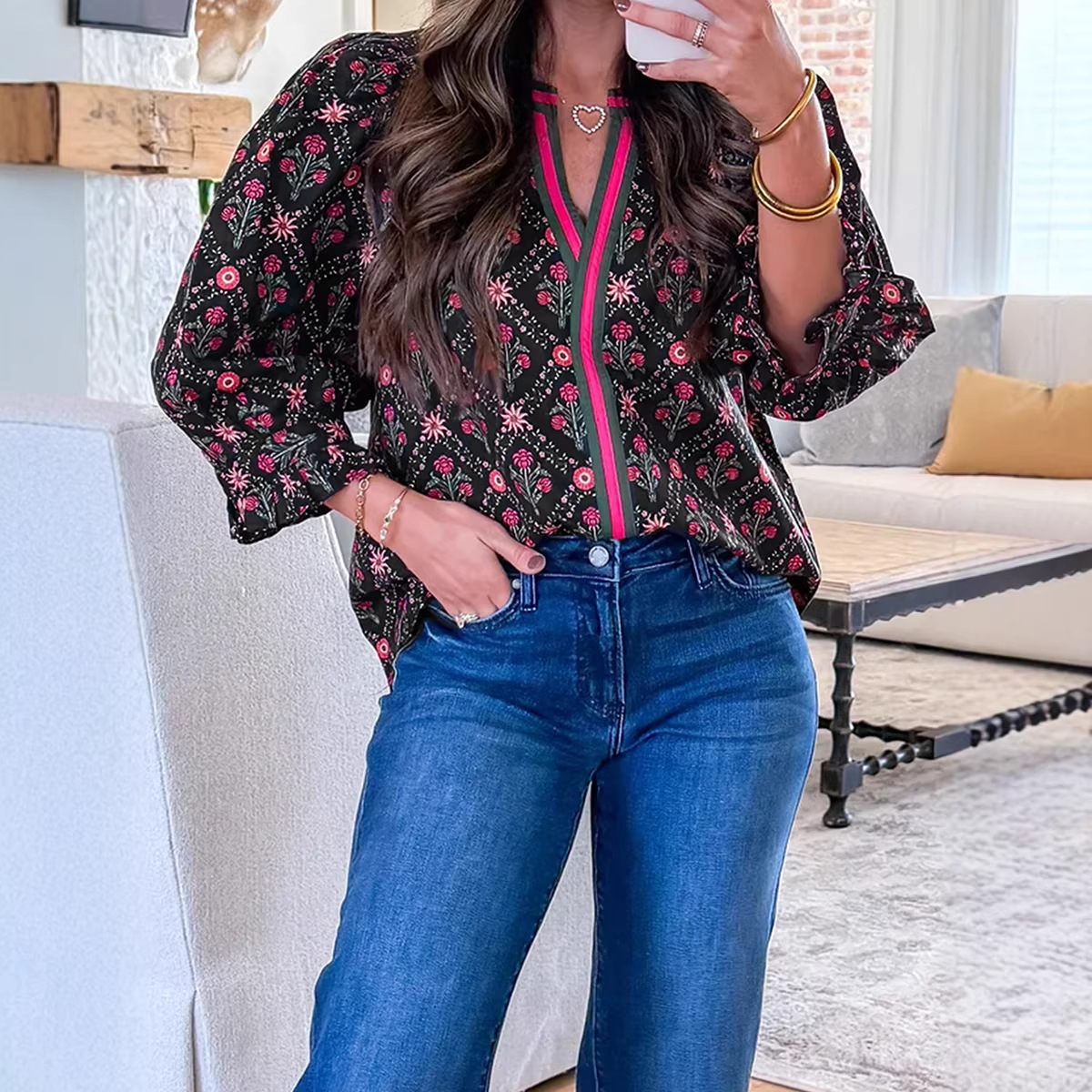 European And American-style Fashion Contrast-color Floral-print Chiffon Blouse