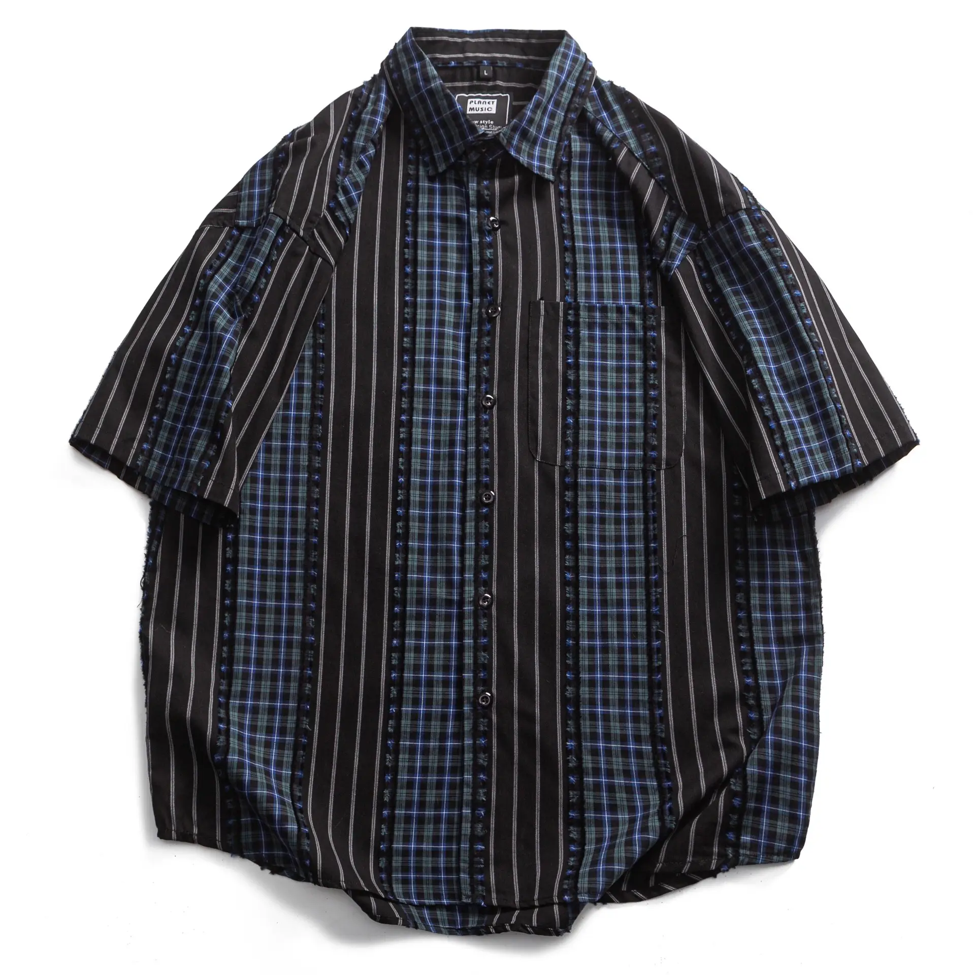 Striped Plaid Colorblock Frayed Short-sleeved Shirt