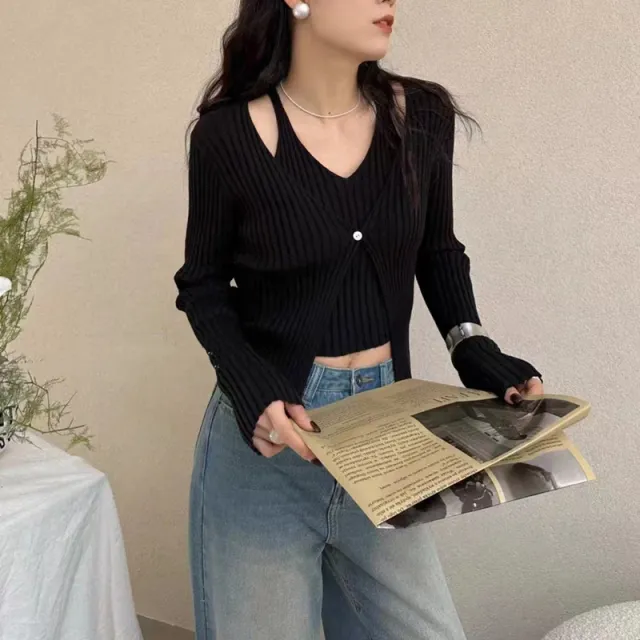 Women's Fake Two piece Sunken Stripe Long sleeved Sweater Black - Shop at LoveMi