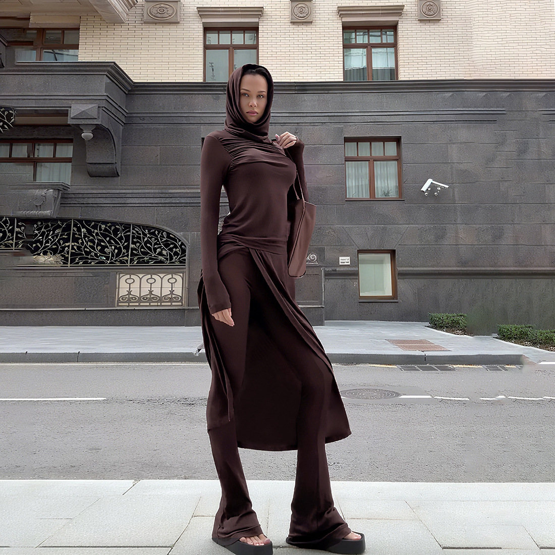 Fashionable Solid-Color Hooded Long-Sleeve Top And Slim-Fit Flared Pants Set