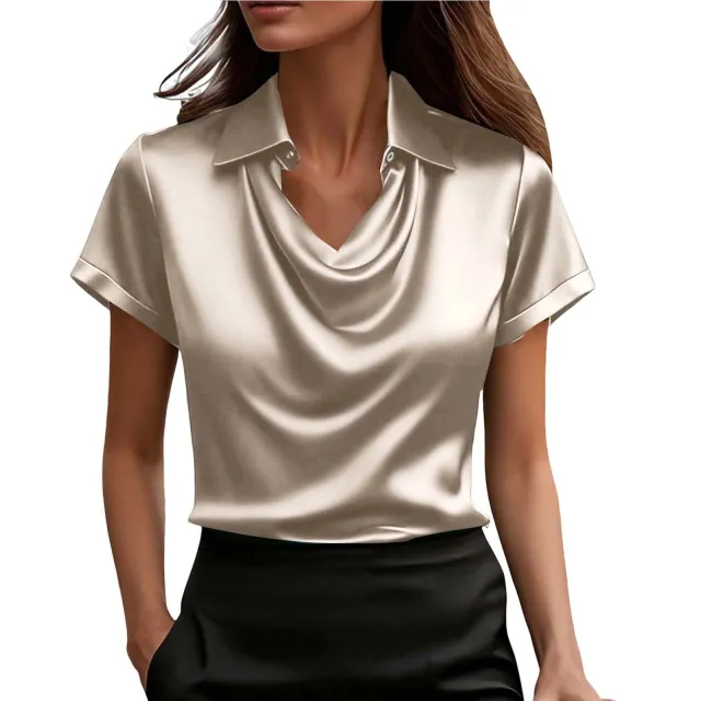 Fashionable Solid Color Casual Lapel Collar Button Down Short Sleeve Shirt Beige - Shop at LoveMi