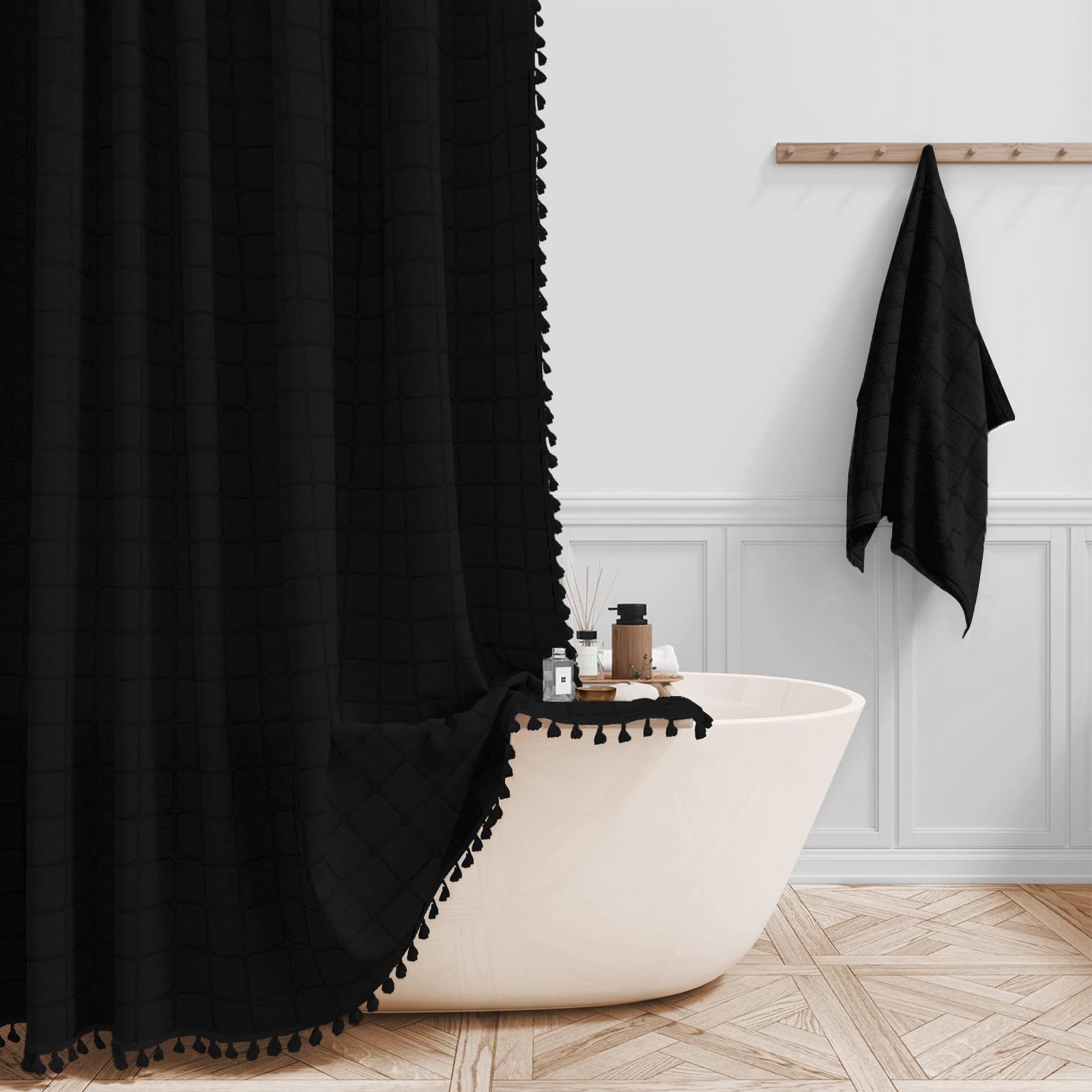 Tencel-linen Checkered Tassel Bathroom Checkered Partition Curtain Waterproof Shower Curtain