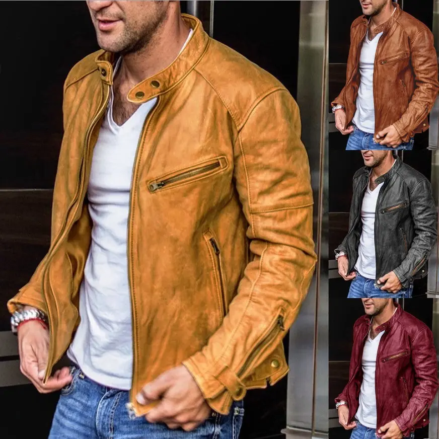 Fall Winter Men PU Leather Stand Collar