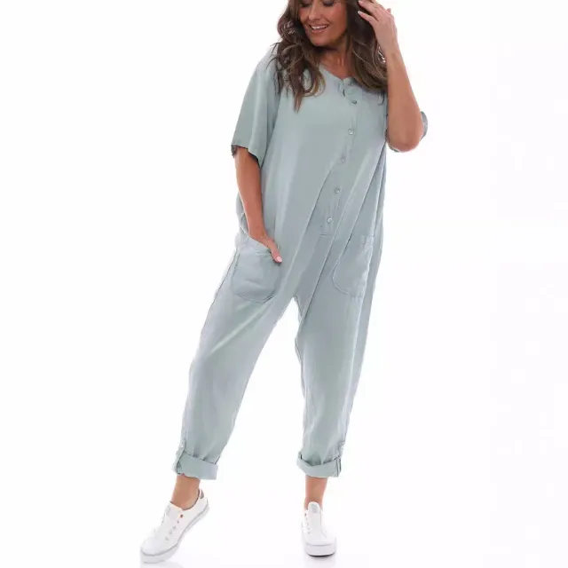 Round Neck Button Mid Waist Pocket Jumpsuit Light Blue - Shop at LoveMi