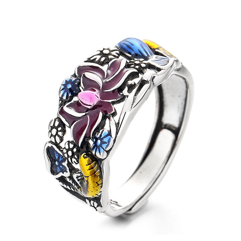 Retro Enamel Burnt Blue Hollow Lotus Carp Ring