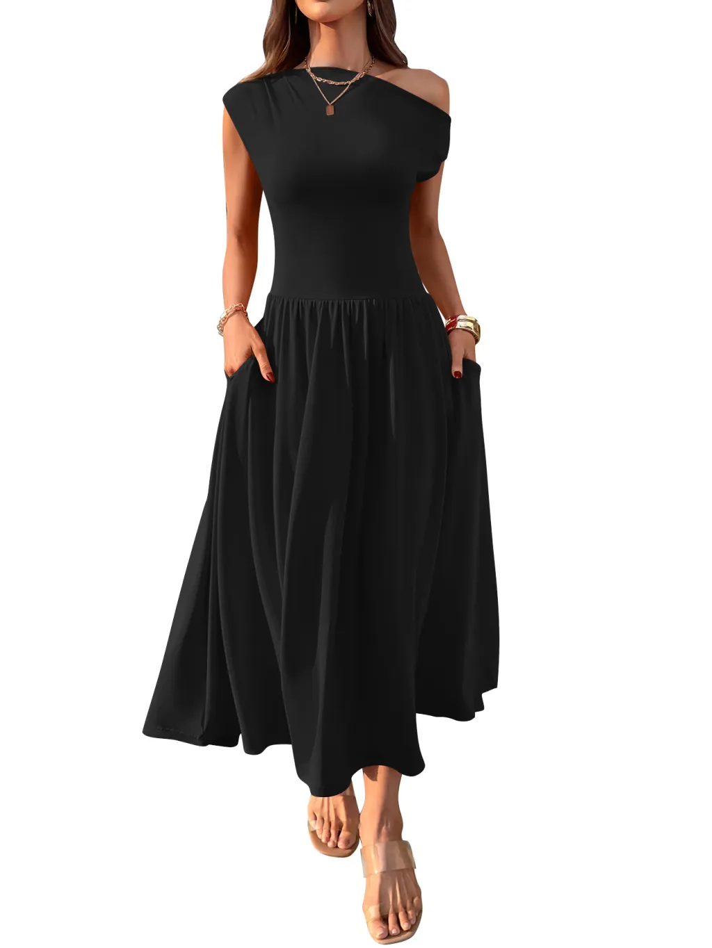 Slant Shoulder Sexy Waist Trimming Long With Pocket Dress - Black