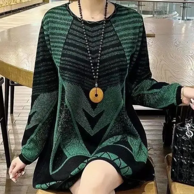 New Mid length Round Neck Autumn And Winter Geometric Sweater Green - Shop at LoveMi