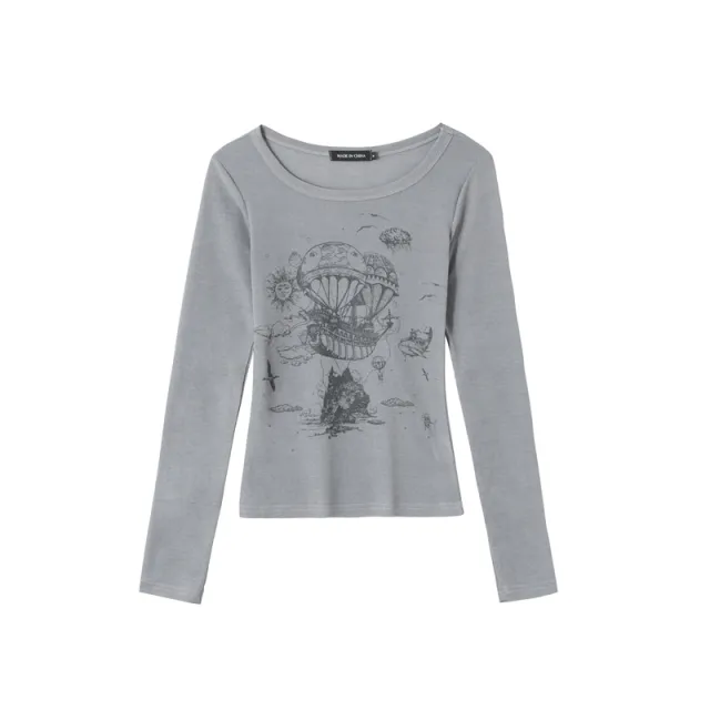 Women's Dot Print Long sleeved Bottoming Shirt Top Gray - Shop at LoveMi