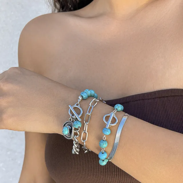 4 piece Set Turquoise Cowboy Hat Cross Chain Bracelet Suit 01 White K5140 - Shop at LoveMi