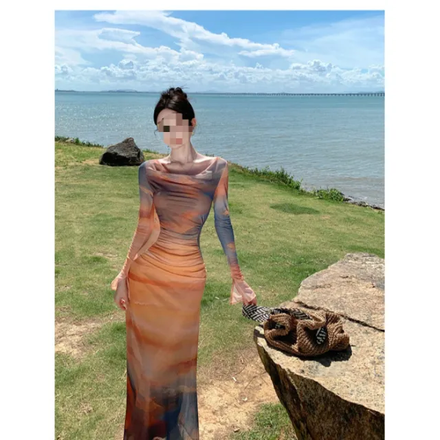 French Sunset Tie dye Printing Swing Collar Mesh Dress Orange - Shop at LoveMi